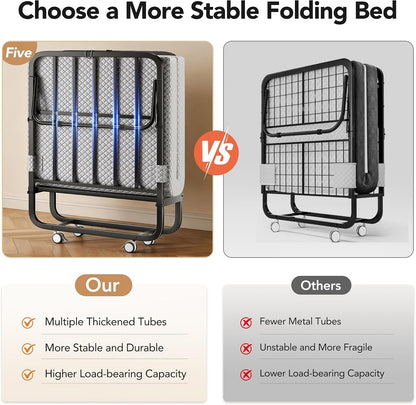 Folding Bed with Memory Foam Mattress, Portable Rollaway Guest Beds on Wheels, 75"X31" Twin Size Space-Saving Cot-Size Bed for Adults with Easy Assembly Metal Frame (Grey)4