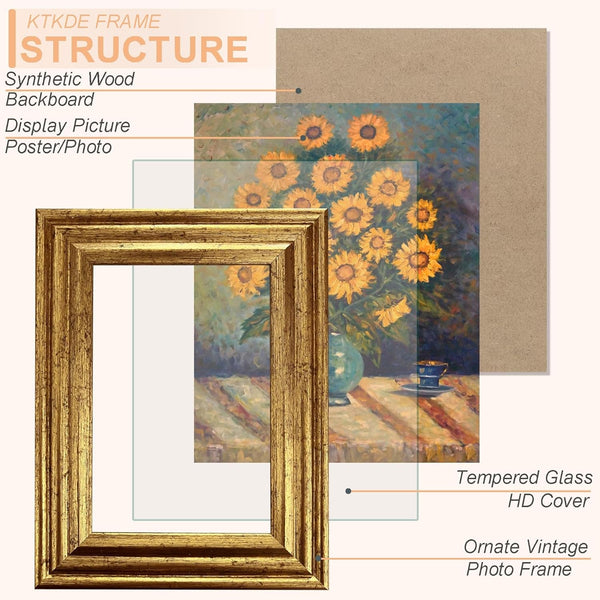 8X10 Picture Frame Set of 4, Ornate Vintage Gold Photo Frames with Real Glass 8 X10 Antique Photo Frame for Wall Decor or Tabletop Display Retro Home Decor Best Gift2