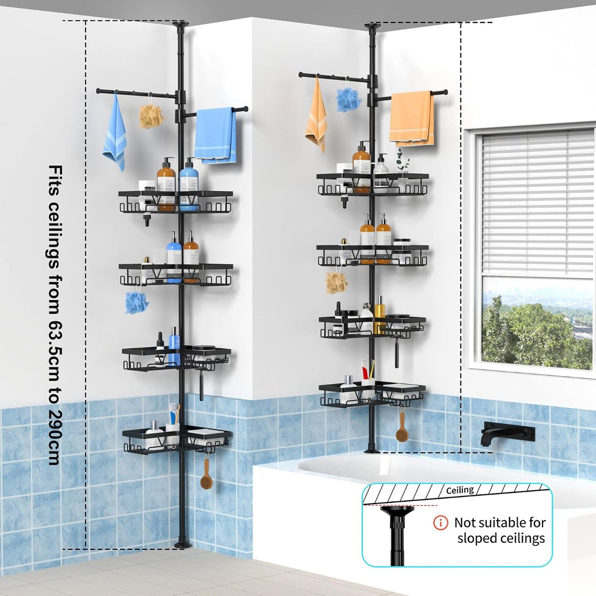 black-shower-caddy-tension-pole-with-2-towel-bars-adjustable-corner-bathroom-organizer-rustproof-bathtub-storage-shelves-for-shampoo-25-114-2-inch-shower-corner-rack-for-renters-family