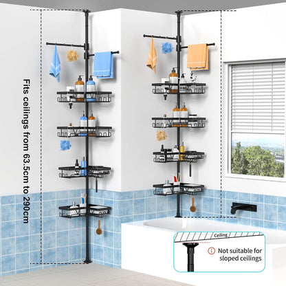 Black Shower Caddy Tension Pole with 2 Towel Bars, Adjustable Corner Bathroom Organizer, Rustproof Bathtub Storage Shelves for Shampoo, 25–114.2 Inch Shower Corner Rack for Renters & Family7