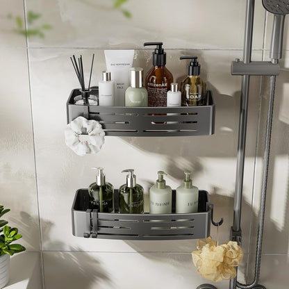 Shower Caddy Suction Cup,2 Pack Shower Shelves with Hooks No Drilling Removable,Large Capacity Bathroom Organizers and Storage,Waterproof Rustproof Shower Bathroom Accessories Decor(Gray)4