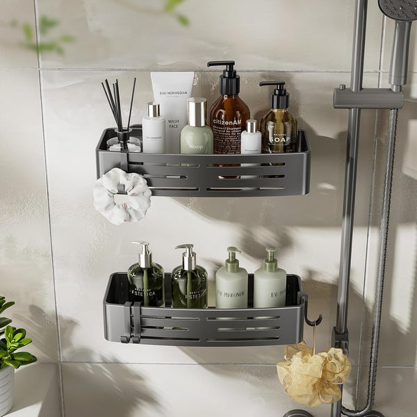 Shower Caddy Suction Cup,2 Pack Shower Shelves with Hooks No Drilling Removable,Large Capacity Bathroom Organizers and Storage,Waterproof Rustproof Shower Bathroom Accessories Decor(Gray)4
