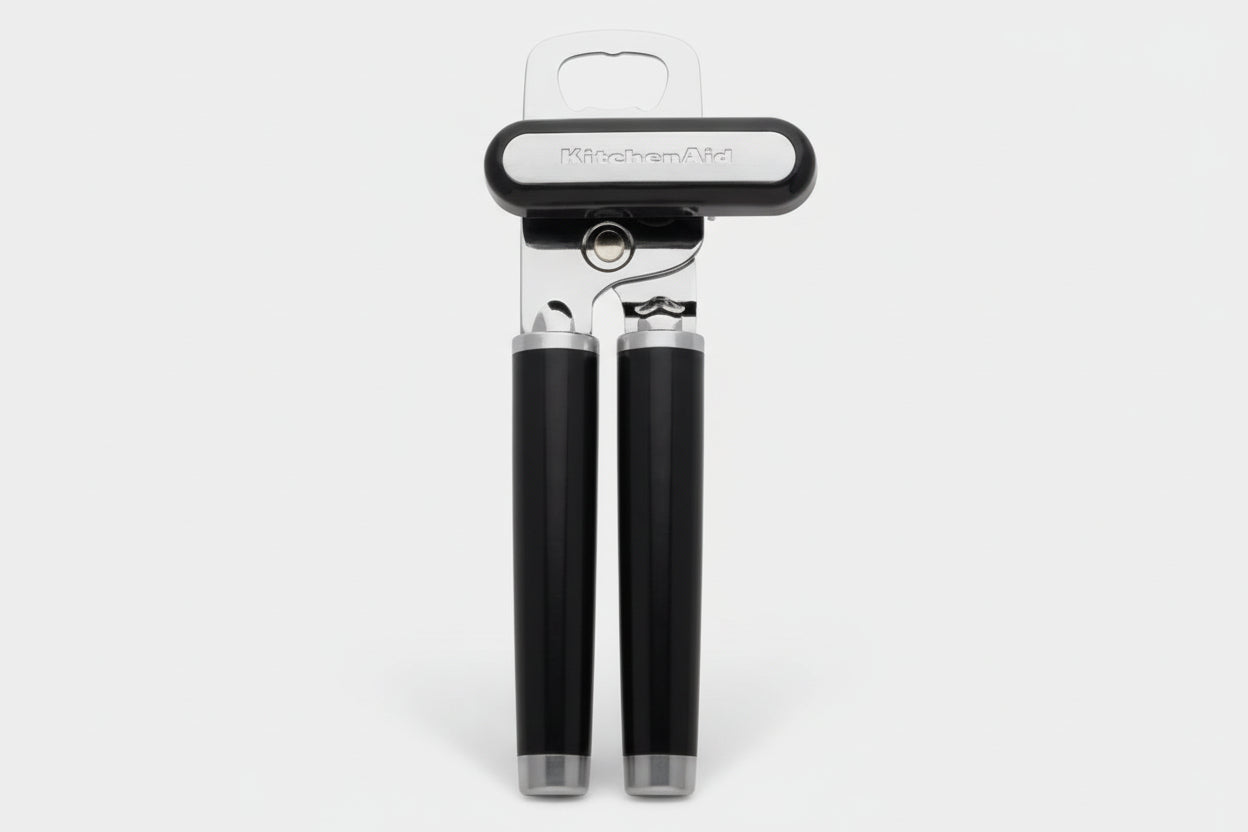 KitchenAid black can opener with stainless steel cutting wheel and comfortable handles