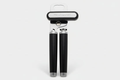 KitchenAid black can opener with stainless steel cutting wheel and comfortable handles