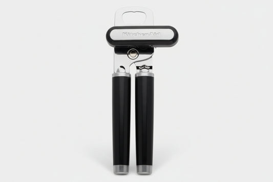 KitchenAid black can opener with stainless steel cutting wheel and comfortable handles