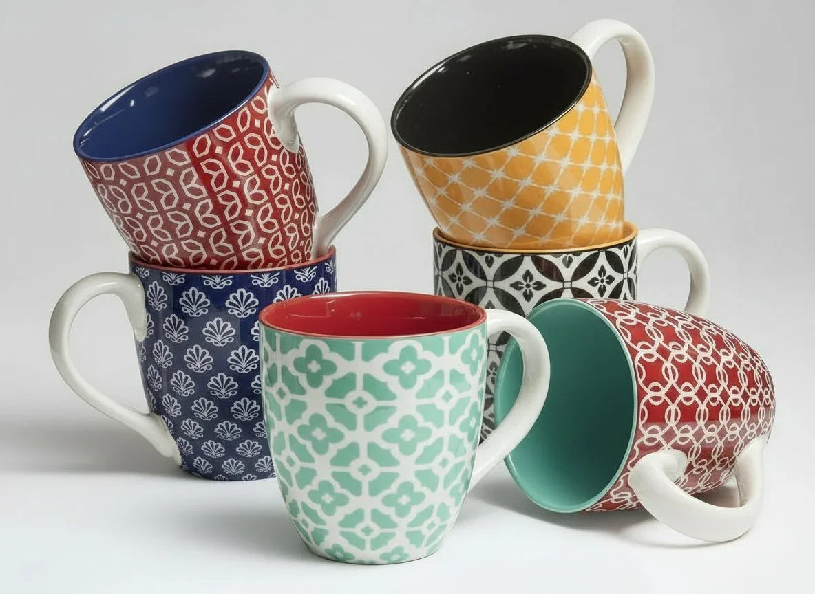 Set of six large 16oz porcelain coffee mugs with colorful geometric and floral patterns