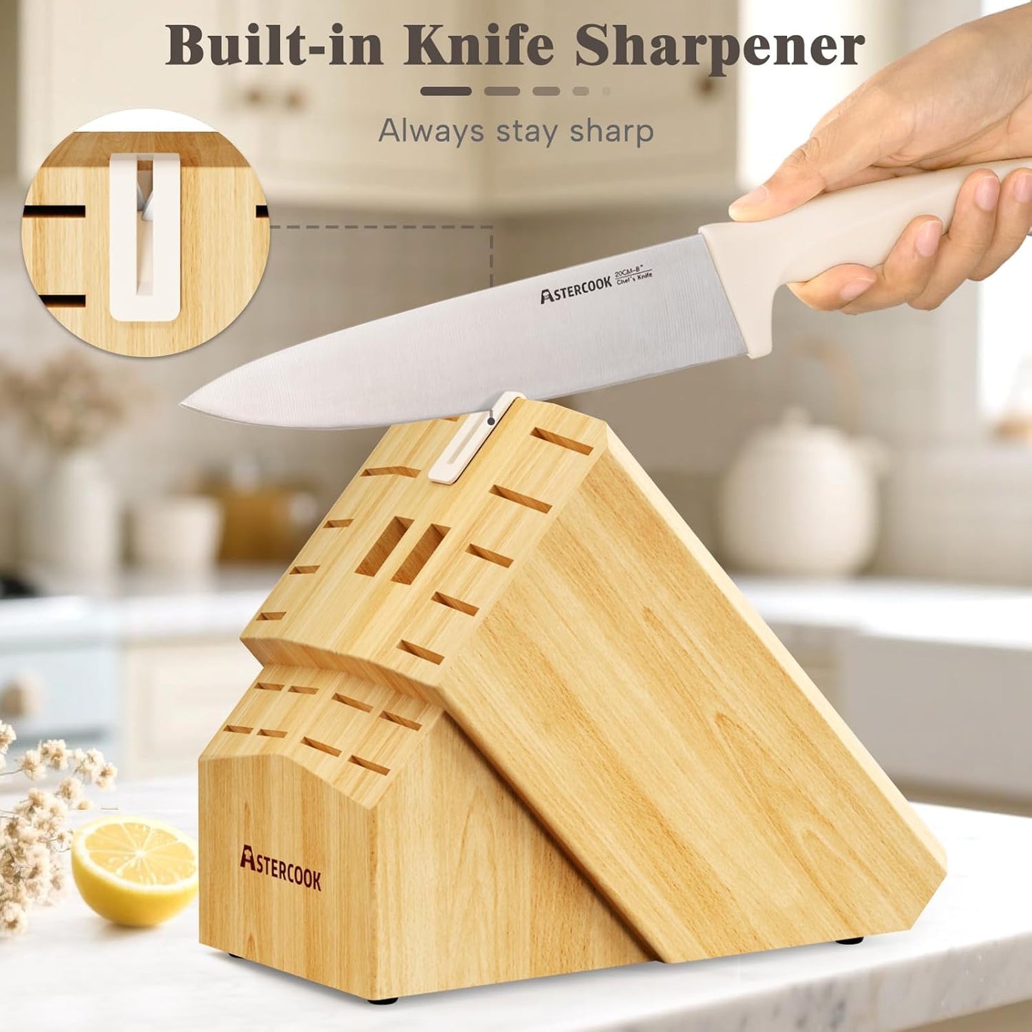 Cream white handle kitchen knives placed on a wooden cutting board with vegetables.