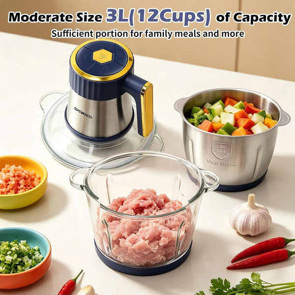 Food Processor,5-Speed Food Chopper Meat Grinder with 12 Cup Stainless Steel & 12 Cup Glass Bowls,500W Powerful Vegetable Chopper Used for Meat, Nuts, Fruits,Dough Mixing and Garlic7