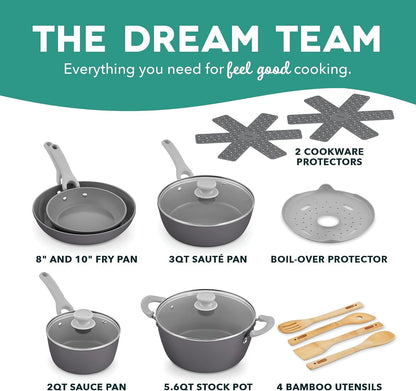 Dream Green Recycled Aluminum Cookware Set - Ceramic-Coated Nonstick and Induction Compatible - Lightweight Kitchen Essentials with Silicone Handles - Slate Gray, 15-Piece Set2