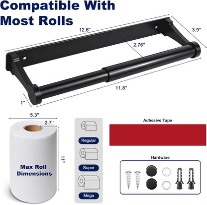 Black Paper Towel Holder under Cabinet, Adhesive Paper Towel Holder Wall Mount Toilet Roll Holders Rack for Kitchen Bathroom Garage Counter, Anti-Drop Upgraded Telescopic Rod Design Roll4