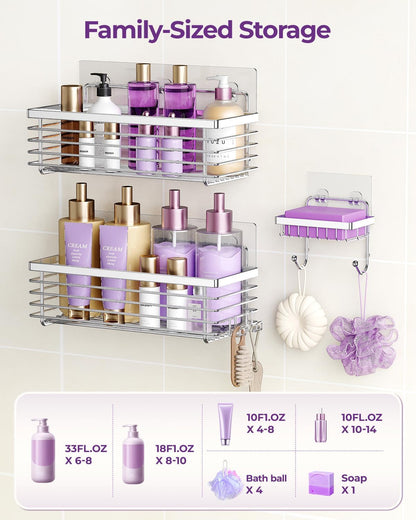 Shower Caddy Adhesive 3 Pack Stainless Steel Storage Organizers-Silver5