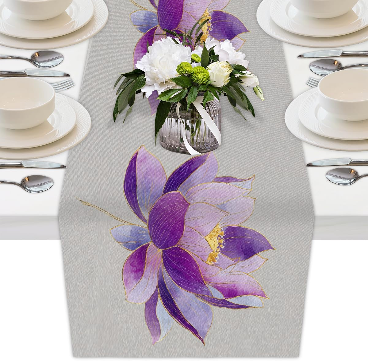 boho-purple-lotus-flower-gold-lines-table-runner-for-home-decor-13x70in
