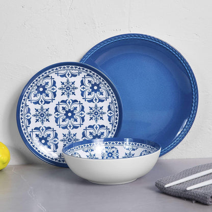 Melamine Dinnerware Set -12Pcs Outdoor and Indoor Plates and Bowls Set ,Service for 4, Dishwasher Safe, Blue Flower8