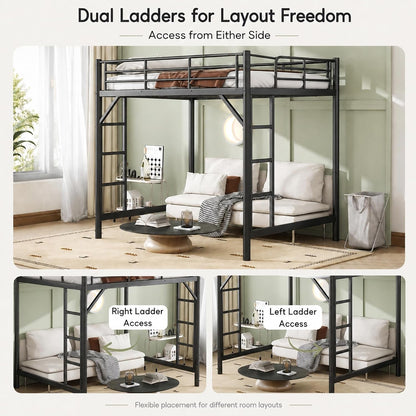Full Loft Bed, Metal round Pipe, Dual Ladders, save Space, Black7