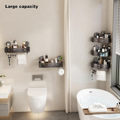 Shower Caddy Suction Shower Shelf No Drilling Shower Organizer Suction Cup Shower Storage Rack Aluminum Wall Mounted Shampoo Holder with Towel Bar Hooks (2-Pack, Matte Gray)2