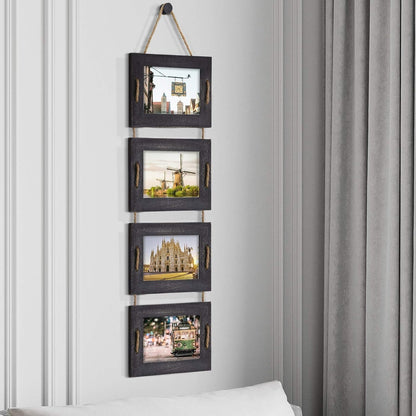 5X7 Hanging Collage Picture Frames Wall Decor, 4-Opening 5X7 Matted to 3.5X5 Photo Rustic Wood Frame with Hemp Rope, 2 Pack, Weathered Black2
