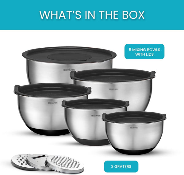 Mixing Bowls with Lids Set of 5 and 3 Graters, Stainless Steel8