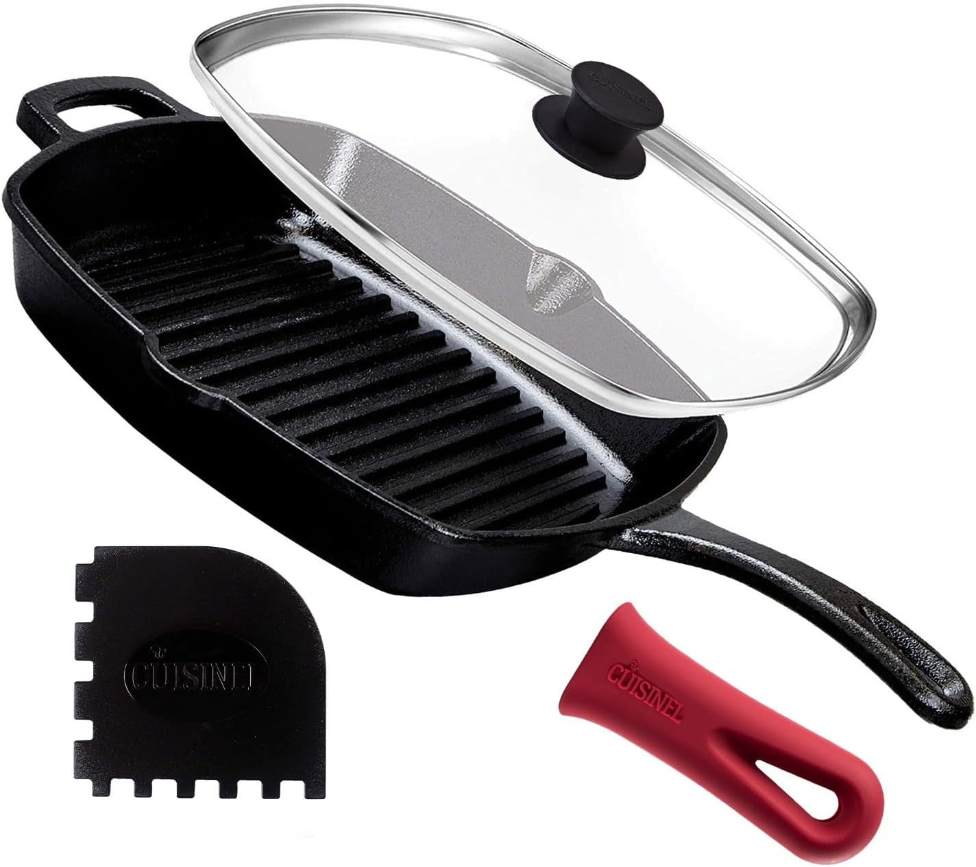 cast-iron-square-grill-pan-glass-lid-pan-scraper-handle-cover-10-5-pre-seasoned-ridged-skillet-grill-stovetop-fire-indoor-outdoor-use-for-grilling-frying-sauteing