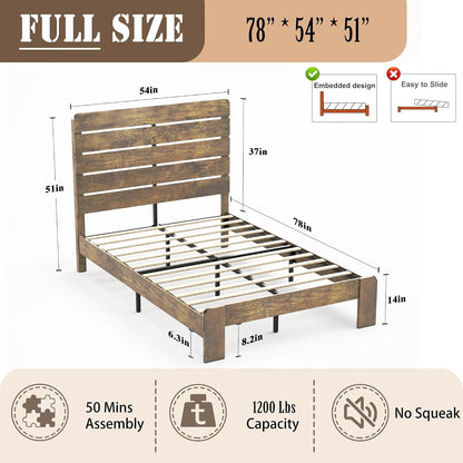 Wooden Full Size Bed Frame with Linear Headboard, Rustic Platform2