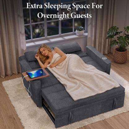 54'' Convertible Sleeper Sofa Bed with Swivel Side Table, Chenille Pull Out Couch for Living Room, Loveseat Sleeper Couch with Side Pocket | Charging Port | Cup Holder, Dark Grey8