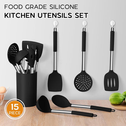 Kitchen Utensils Set, 15 Pcs Silicone Cooking Utensils Set with Holder and Heat Resistant Stainless Steel Handle for Nonstick Cookware - Black3