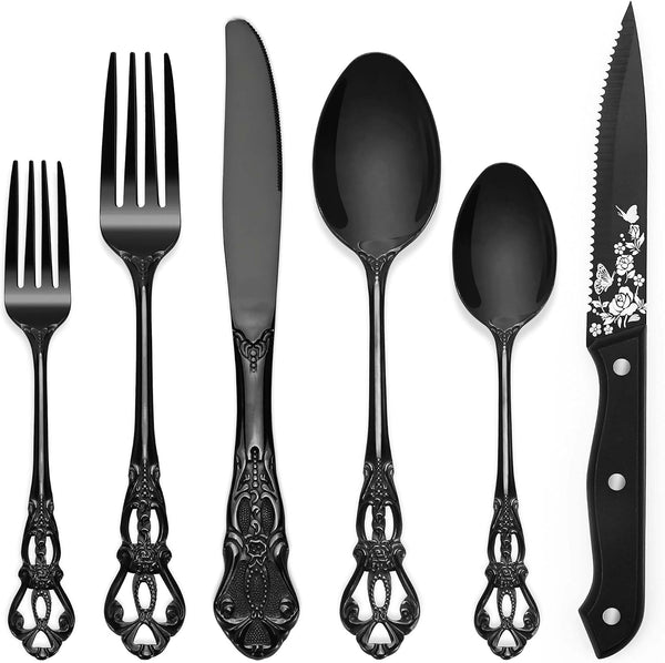 Black Silverware Set for 8,  48 PCS Retro Royal Silverware Flatware Set with Black Spoons Forks Knives Set, Mirror Polished Stainless Steel Vintage Utensils Set, Dishwasher Safe1