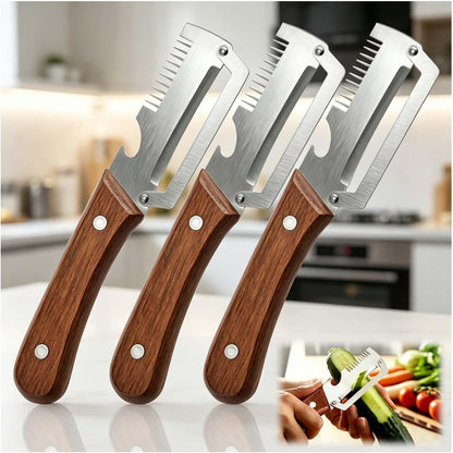 Premium Vegetable Peeler with Wooden Handle and Bottle Opener, Multi-Functional Vegetable Peeler for Fruit Pumpkin Peeling Potato and Other Vegetables or Fruits (3Pcs)1
