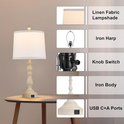 23'' Table Lamps Set of 2, Lamps for Bedroom, USB C+A Ports, Beige | Bedside Lamps with 3 Color Temperatures, Knob Switch, Lamps for Living Room, Office, Night Stands, End Table, Bulbs Included8