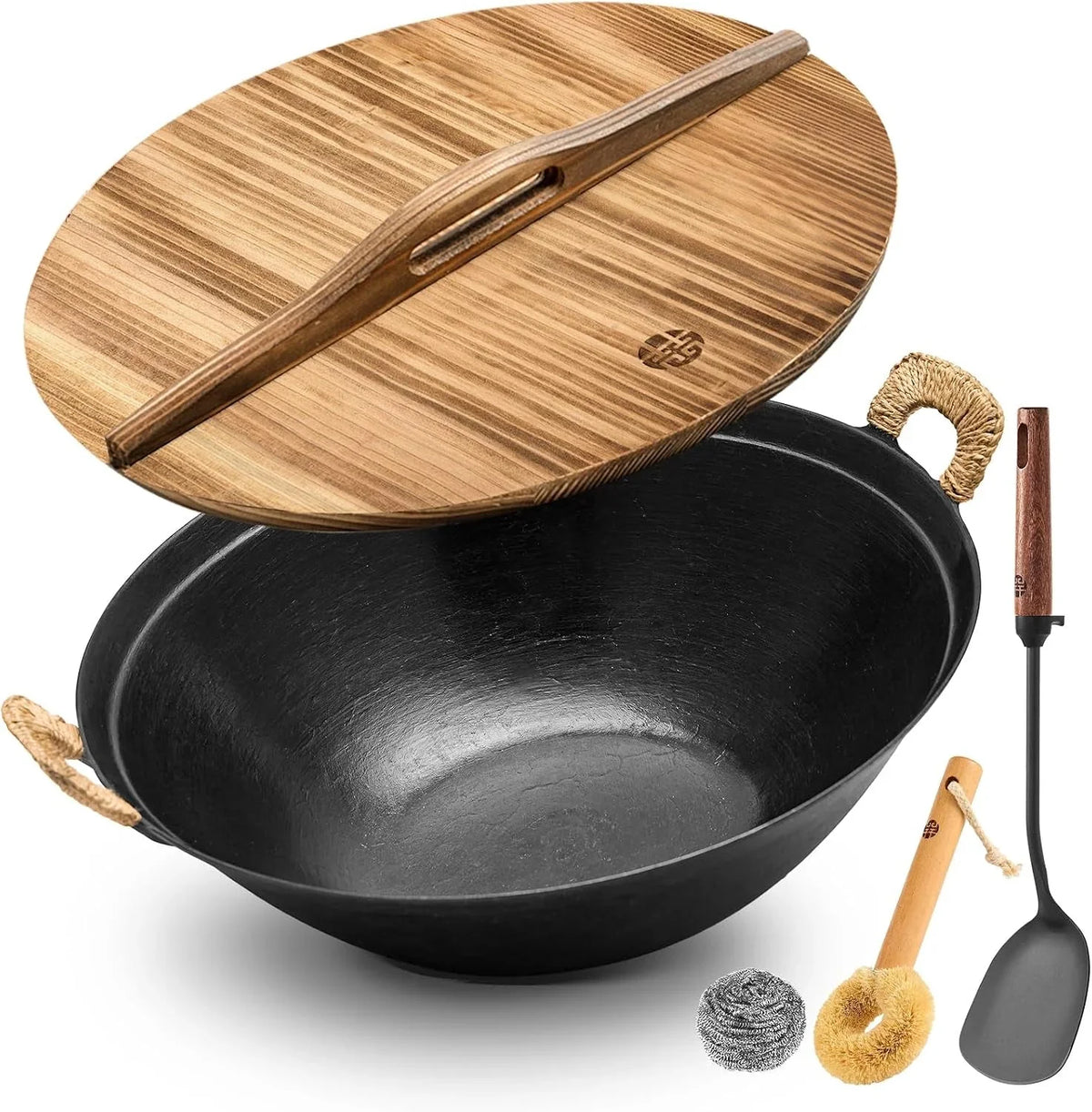 13-4-inch-cast-iron-wok-with-wooden-lid-and-iron-spatula-flat-bottom-double-handle-chinese-stir-fry-pan-uncoated-cast-iron-wok-for-induction-gas-and-electric-stoves