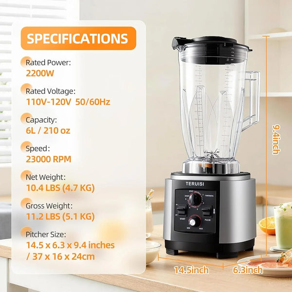 210 Oz / 6 L Commercial Blender, Heavy Duty Industrial Blender with Adjustable Speed & Timer Function, 2200W Countertop Blender with 23000RPM for Ice Crushing, Frozen Drinks, Milkshakes,110V8