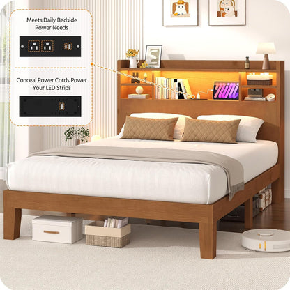 Queen Size Solid Wood Platform Bed Frame with LED Headboard, Remote & App Control, Dimmable & Color-Changing Lighting, Solid Pine & Oak Construction, No Box Spring Needed, Natural Oak Finish6
