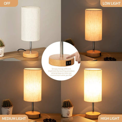 Bedside Lamps with USB Port - Touch Control Table Lamp for Bedroom Wood 3 Way Dimmable Nightstand Lamp Set of 2 with round Flaxen Fabric Shade for Living Room, Dorm, Home Office (2 Pack)2