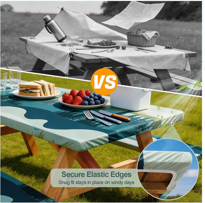 Picnic Table Cover Bench Covers Camping Essentials Tablecloth | Waterproof Vinyl for Outdoor, Windproof Elastic Fitted Edges, RV BBQ Accessories Must Haves, Storage Bag Included3