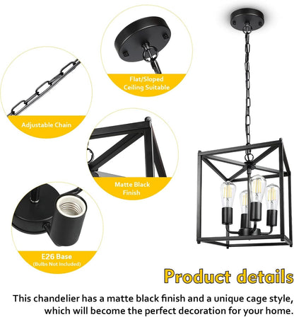 4-Light Black Farmhouse Chandelier, Iron Lantern Pendant Light Rustic Cage Adjustable Height, E26 Base Industrial Hanging Lights for Kitchen Island Dining Room Hallway Foyer Entryway3
