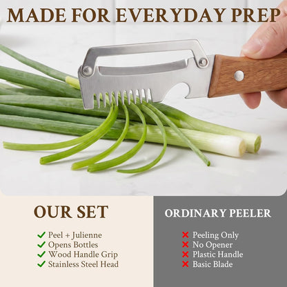 2026 Upgrade Vegetable Peeler and Julienne Peeler Set, Stainless Steel Vegetable Peelers for Kitchen with Wood Handles and Bottle Opener, 2-Pcs Multifunctional Vegetable Peeler Set6