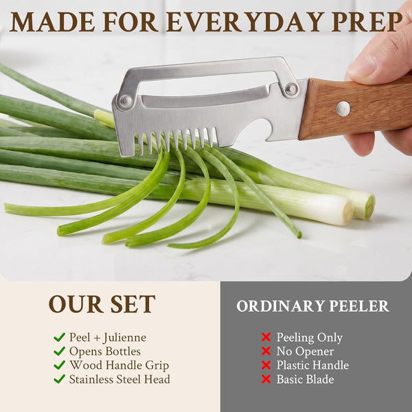 2026 Upgrade Vegetable Peeler and Julienne Peeler Set, Stainless Steel Vegetable Peelers for Kitchen with Wood Handles and Bottle Opener, 2-Pcs Multifunctional Vegetable Peeler Set6