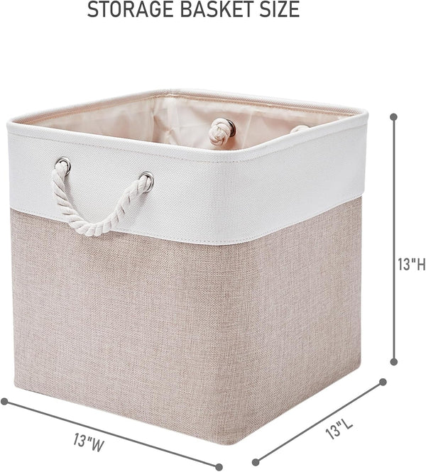 13 X 13 Inch Cube Storage Bins,Storage Cubes for Shelves，Foldable Organizer Boxes with Handles, Decorative Storage Basket for Organizing Clothes, Toys, Books(White&Beige)3