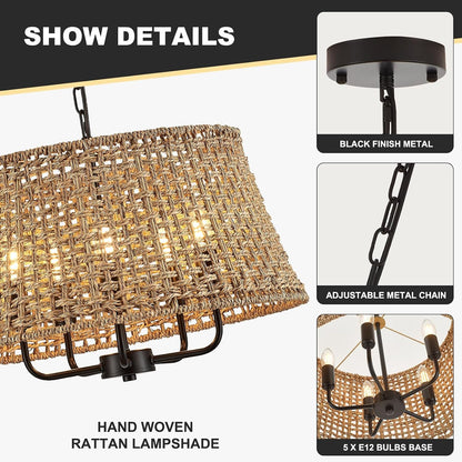 19.7" Boho Rattan Chandelier, 5-Light Black Wicker Light Fixture4