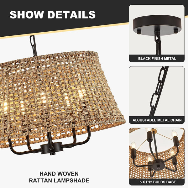 19.7" Boho Rattan Chandelier, 5-Light Black Wicker Light Fixture4
