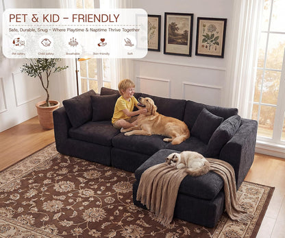 110'' Oversized Boneless Cloud Couch for Living Room, Modern Big Sectional Compressed L Shape Couch with Ottoman, Comfy Chenille Deep Seat Memory Foam Spineless 4 Seater Sofa, Black8