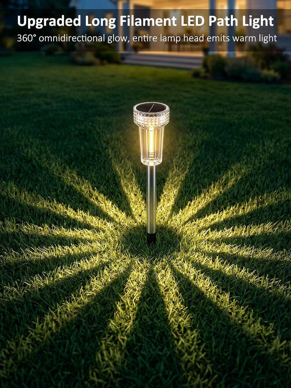 12 Pack Solar Pathway Lights Outdoor, Solar Powered Garden Lights Auto On/Off, Waterproof Stainless Steel Pole Landscape Lighting for Path, Yard, Walkway, Driveway Decor - Warm White2
