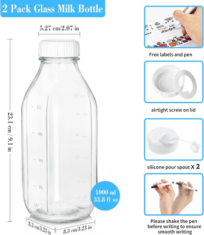 2 Pack 32 Oz Glass Milk Bottles with Airtight Lids & 2 Caps | Reusable Screw Lids with 2 Dispenser Caps for Glass Water Jug,Buttermilk, Juice,Syrup,Coffee Creamer & Refrigerator Storage2