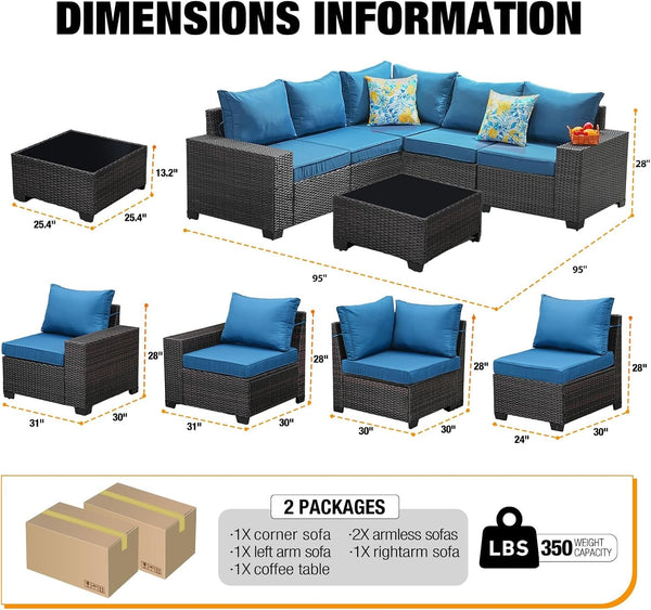 6 Pieces Patio Furniture Set All-Weather Outdoor Wicker Sectional Conversation Sofa Rattan Patio Seating Sofa with Cushion and Glass Table for Porch Poolside,Peacock Blue4