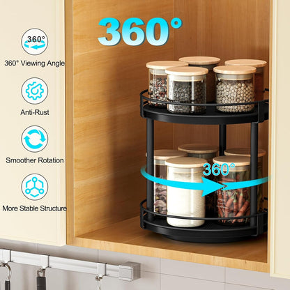 Lazy Susan Spice Rack, 2 Tier Rotating Spice Rack, Wood Lazy Susan Organizer for Cabinet, Black Kitchen Counter Shelf, 10.2" X 10.2" X 10.4"5