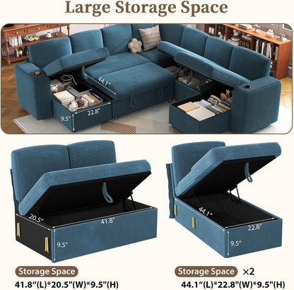 Sectional Sleeper Sofa with Pull Out Couch Bed, 9 Seats Modular L Shaped Cloud Couch with Storage Chaise, Dual Arm Storage & USB Charging, Adjustable Backrest Sofa, Blue Corduroy5