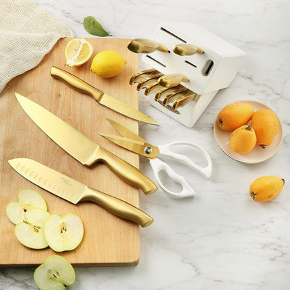 ® Gold Knife Set, Knife Block Set Ma21,Titanium Coated 14 Pieces Stainless Steel Chef Gold Kitchen Knife Sets with White Block | Forged Stainless Steel,Razor Sharp,Non-Stick&Anti-Rust,Restaurant Grade,Ergonomic Handles,Full Tang,Gift Box4