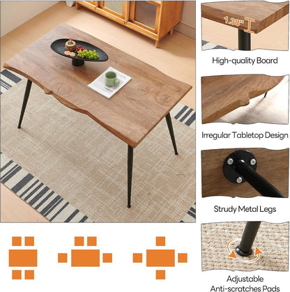 Dining Table Set for 4, Modern Wood Irregular Rectangle Dining Table, Linen Fabric Dining Chairs 4,Table and Chairs Set of 4 for Kitchen Dining Room, Light Brown3