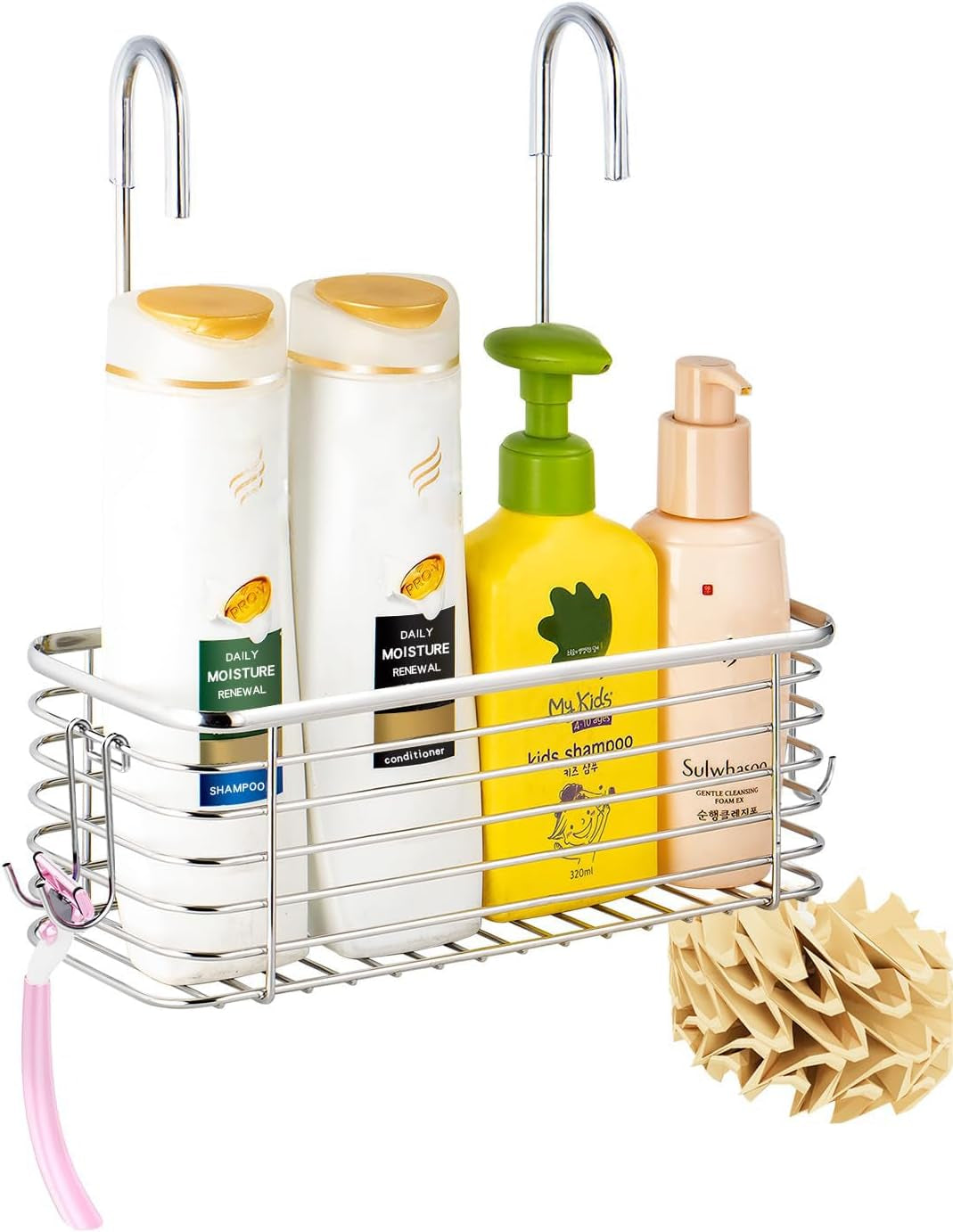 hanging-shower-rack-bathroom-storage-rack-shampoo-bracket-the-back-hook-can-be-rotated-and-can-be-hung-on-the-faucet-or-claw-foot-bathtubcross-bar-304-stainless-steel-rust-proof-and-durable