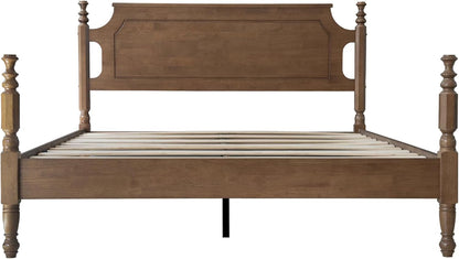 Solid Wood Queen Size Bed Frame with Headboard & Footboard, 12 Strong Slats, Center Metal Legs, Anti-Slip & Noise-Free Design, No Box Spring Needed, Quick Assemble, Barnwood Finish, ROQ-308