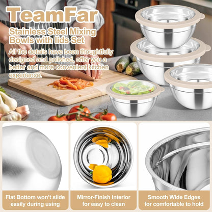 Mixing Bowls Set, Stainless Steel Salad Bowl with Lids, Khaki5
